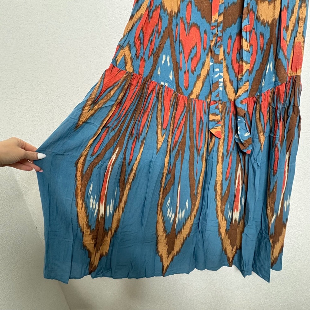 Free People Strapless Ikat Maxi Dress Blue Rust Boho Smocked Tiered XS - Picture 8 of 9